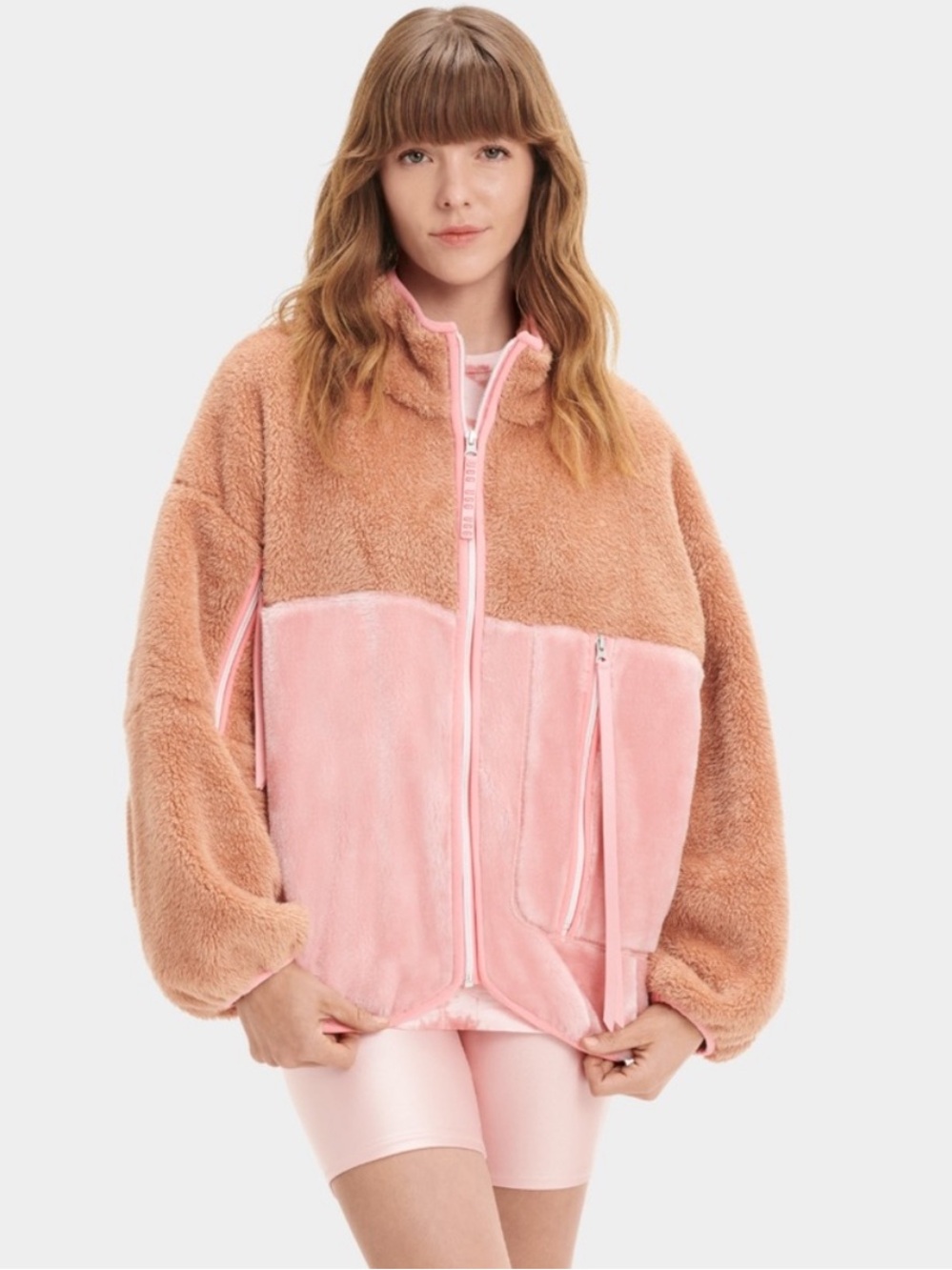 UGG Marlene Sherpa Faux Fur Colorblock Teddy Jacket Pink Tan Medium